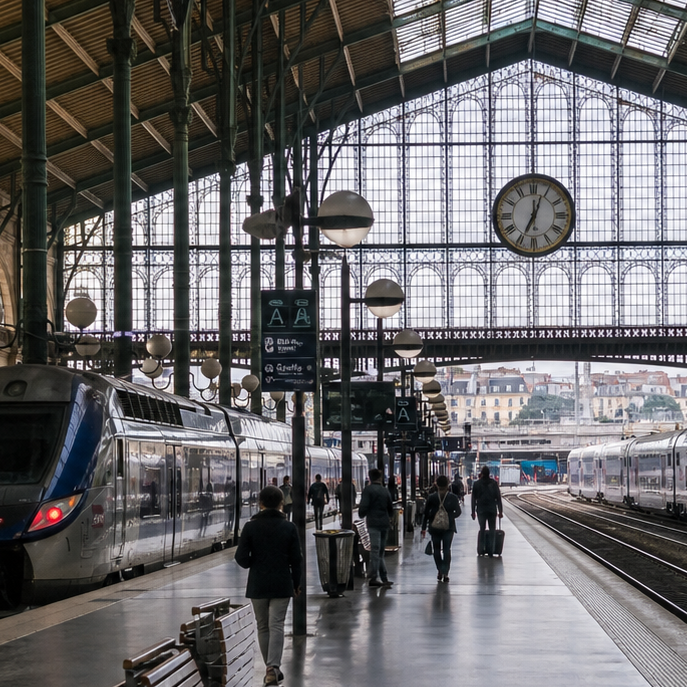 Quai de gare couvert avec plusieurs trains SNCF et des voyageurs sous une grande verrière