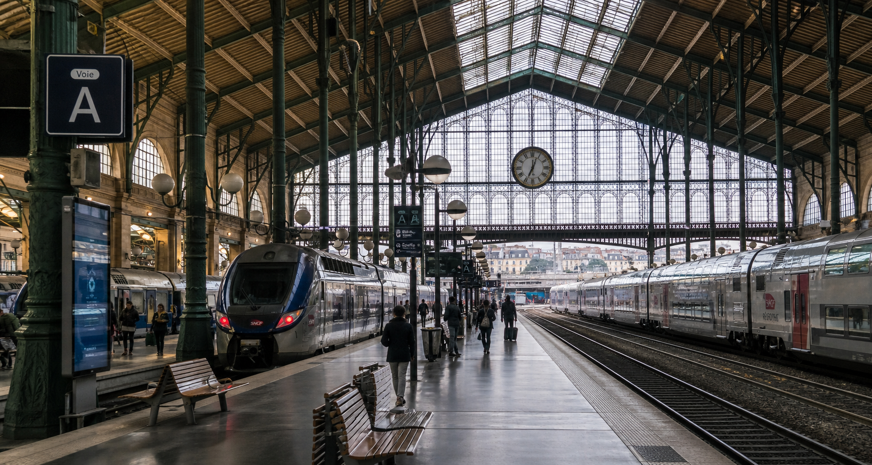 Quai de gare couvert avec plusieurs trains SNCF et des voyageurs sous une